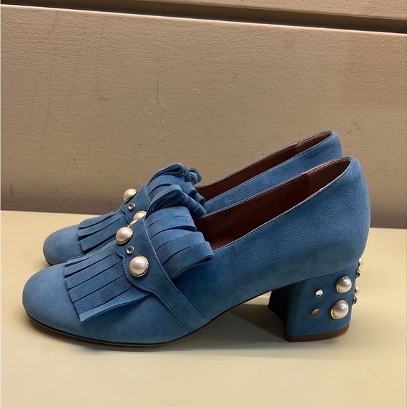 GIANNA MELANI MADE IN ITALY SUEDE LEATHER Dusty Blue Fringe shoes - Picture 3 of 11